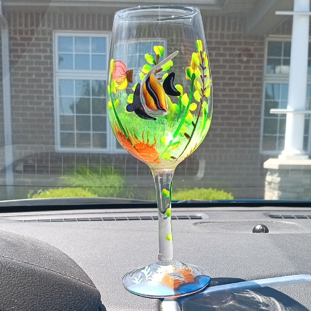 Vintage Hand-Painted Tropical Fish Wine Glass Green & Orange 2 pc set